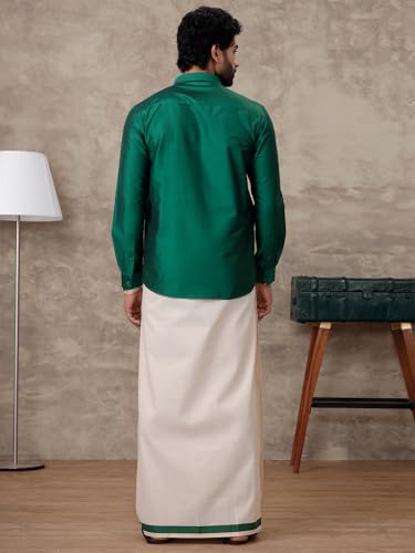 Image of RAMRAJ COTTON Men Parsley Green Silk Cotton Full Sleeves Shirt With Matching Border Tissue Dhoti Set CCB Fortune-SMC3