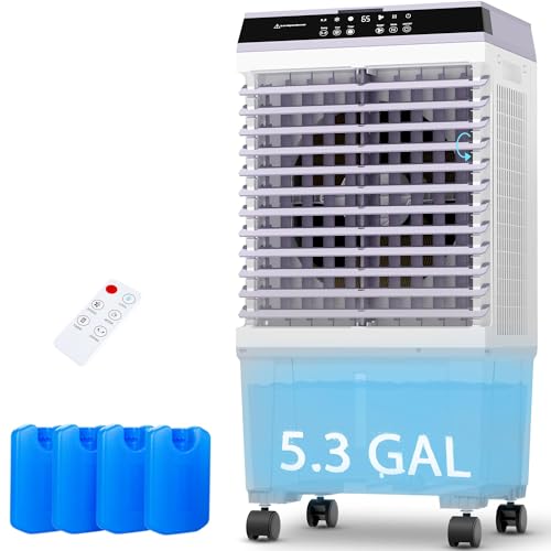 Swamp Cooler,1800CFM Evaporative Air Cooler with 5.3 Gal Water Tank,12H Timer,6 Ice Boxes,2 Modes,3 Speeds,120°Oscillation,Air Cooler for Indoor,Home,Kitchen,Bedroom