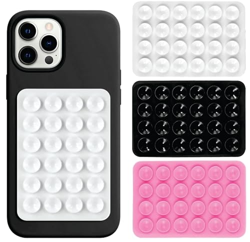 Image of THYNOX Phone Holder Suction Phone Case (Pack of 3) Anti-Slip Silicone Back Cover, Multipurpose Hands-Free Sticky Pads for Phone Adhesive Mount for Selfies Videos Mirror (White, Black, Pink)