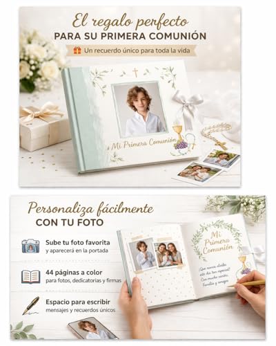 Miniatura 3 de Álbum De Fotos Comunión Niño Hojas - Portada Personalizable Con Foto Libro Recuerdo Con 44 Páginas A Todo Color Tapa Dura Con Cierre De Lazo. Medidas 27x29 Cm