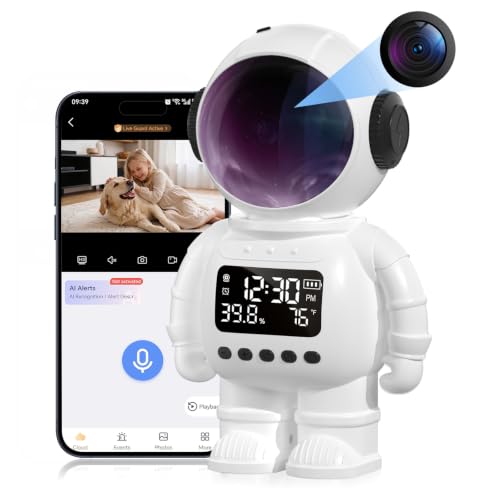 pafyh 3-in-1 2K Robot Clock Camera, Supporting 5G and 2.4G Dual-Band Wi-Fi Bluetooth, Indoor Security Monitoring, Color Night Vision, Human Motion Detection, Long Battery Life (White)