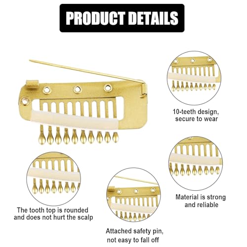 Image of INHEAVEN 12 pcs Wig Clip with Safety Pins, 10-Teeth Hair Extension Snap Clips Invisible Strong Wig Combs to Secure Wig No Sew Chunni Grip Dupatta Clips Hijab & Tikka(Gold) (12)