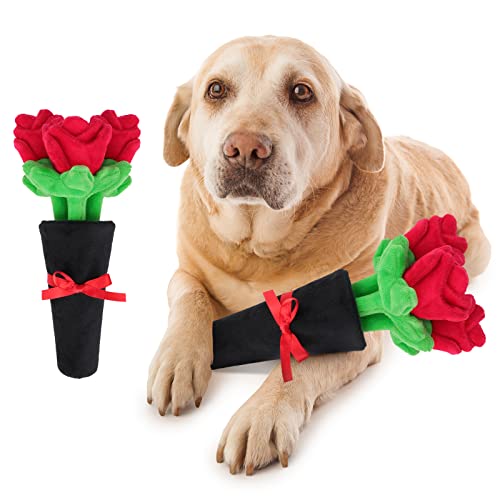 BWOGUE Dog Valentines Toy, Rose Dog Toy Plush Bouquet with Red Rose Stuffed Rose Flower Dog Valentines Gifts for Small Medium Large Dogs Festival Decoration(A Bouquet of Roses)