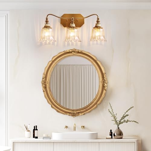 Image of LmnLvn Brushed Gold 3-Light Bathroom Light Fixture, Crystal Glass Shade