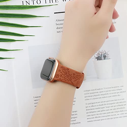 Flower Engraved Silicone Band Compatible With Apple Watch Bands 38Mm 40Mm 41Mm, Cute Women Wildflowers Floral Design Soft Sport Strap Replacement Wristbands For Iwatch Series 8 7/Se/6/5/4/3/2/1 (38/40/41Mm, Walnut Brown Brown) #TOP4