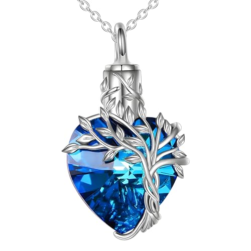 Collier urne arbre de vie en cristal bleu | Pendentif de crémation délicat