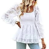 Blusa de Verano para Mujer, Blusa con Dobladillo con Volantes, diseño de Encaje con hojaldre, Manga Larga, Fibra de poliéster, Oficina (L)