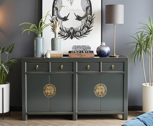 OPIUM OUTLET Commode chinoise Asia Meuble buffet asiatique Armoire orientale Buffet Buffet Armoire de mariage Vintage Entièrement assemblée Gris foncé