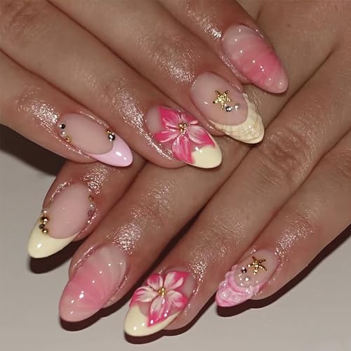 HOSAILY Pink Press on Nails Short Almond Milky Butter Yellow French Tip Pink Ombre 3D Flower Gold...