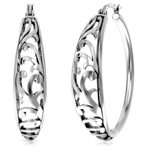 Image of TRUESILVER ACPL 925 Sterling Silver BIS Hallmarked Filigree Hoop Earrings for Women & Girls | Lightweight Designer Oval /Round Hoops | Everyday Wear | Gift for Her