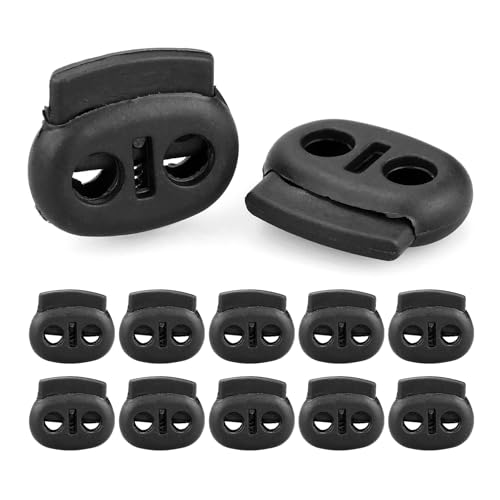 Paquete de 30 cerraduras de resorte para cuerdas de sujeción, cierre de extremo de cordón de doble agujero de plástico negro, deslizador de parada ovalado inclinable para cordones de sujeción, bolsas,