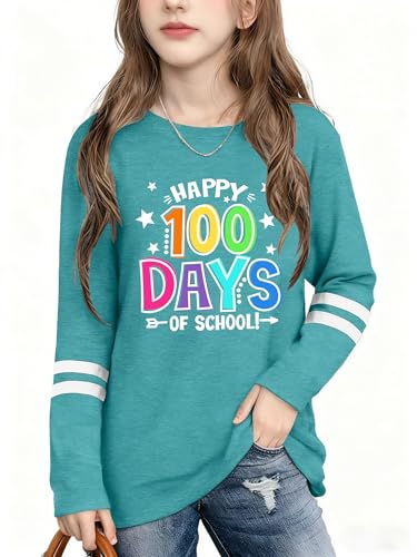 WOSHN Happy 100 Days of School Shirts for Kids 100th Day of School Celebration Long Sleeve Shirt Boys and Girls(Cyan3,130)
