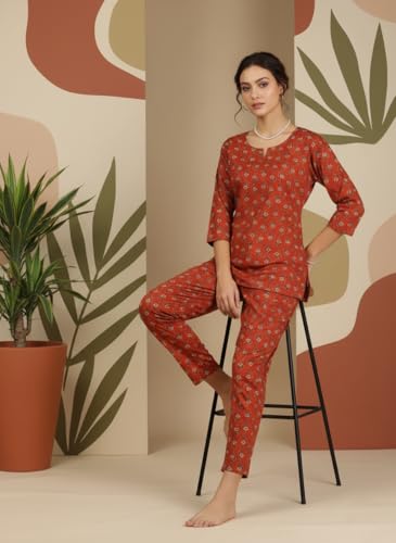 Image of 9shines Label Pure Cotton Printed Women Top & Pyjama Set | Pyjama co-ord Set | Night Suit | Lounge wear for Home | Nightwear Set for Women | Night Dress for Women Stylish (COPJ-5)
