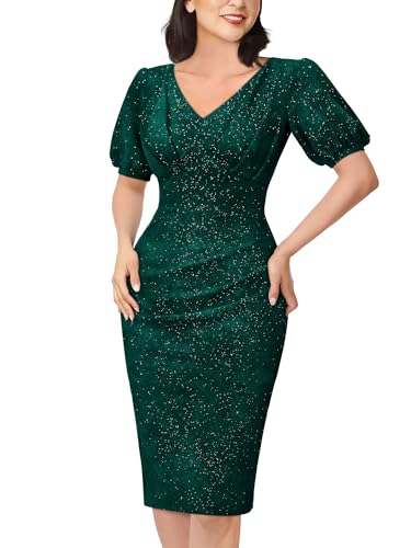 Image of Miusol Women's Retro V-Neck Elegant Glitter Wrap Ruched Puff Sleeve Cocktail Party Dress