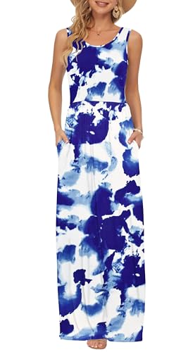 AUSELILY Mujer Verano Vestidos Sin Mangas Falda Larga con Bolsillos para Flores Azules Blancas S