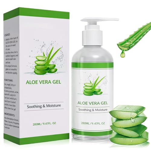 Aloe Vera Gel 280ml - Aloe Vera Gel 100 prozent Bio für Gesicht, Natürliche, Beruhigende und Pflegende Feuchtigkeitscreme After Sun, für Gesicht, Haare und Körper