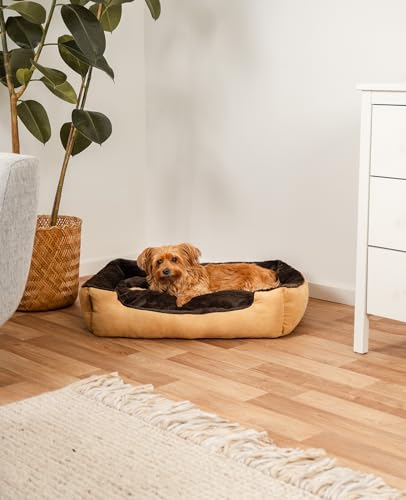 lionto Hundebett mit Wendekissen und Rutschfester Unterseite, Robustes Heimtierkissen mit tiefem Einstieg für Hunde und Katzen jeden Alters, 75x60 cm, kuscheliges Hundekissen, beige/braun