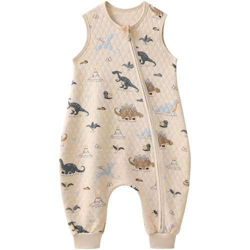 Yoofoss Baby Schlafsack mit Füßen 1.0 Tog 100% Baumwolle Schlafsack Baby mit Beinen Herbst Ganzjahre Babyschlafsack für Kinder 3-4 Jahre Kinder Jungen Mädchen 90 cm- Khaki Dinosaurier