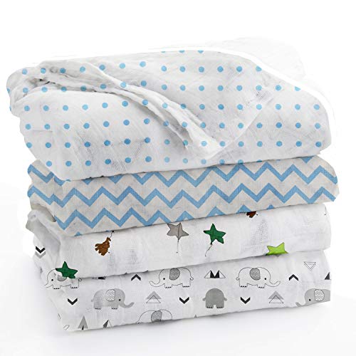 Image of Swaddle Cloth for New Born Pure Cotton Muslin Baby Swaddle Blanket, Wrap Cloth Cotton Swaddle for Newborn Baby Cotton Swaddle Blanket-Pack of 4 with Size 120X100 CM - Blue Family
