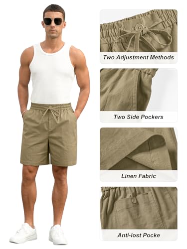 Image of RQP Mens Cotton Linen Shorts Casual Drawstring 7inch Inseam Shorts Stretch Summer Beach Wear