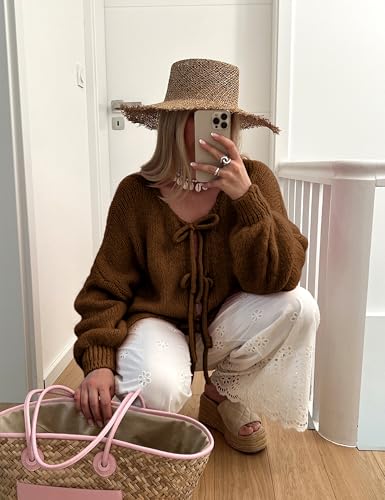 Image of SKIKYAN Women Bowtie Oversized Knit Sweater Cardigan Y2K Long Sleeve V Neck Open Front Casual Knitwears