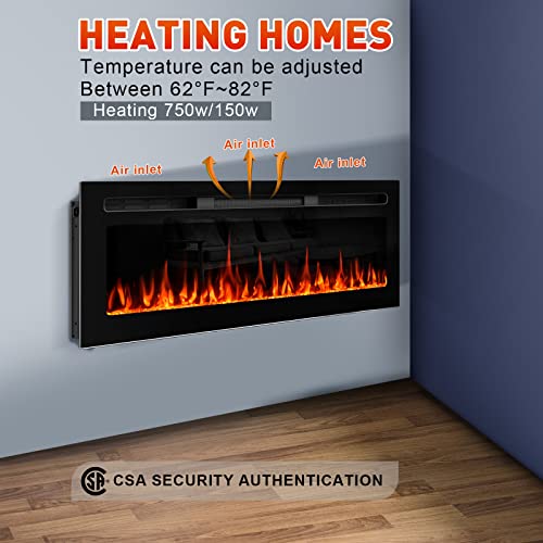 Upesitom 50" Electric Fireplace Recessed & Wall Mounted Fireplace Heater, Wall Fireplace Inserts, Mirrored Led Linear Fireplace With Remote Control, Timer, Adjustable Flame Color, 750/1500W, Black #TOP1