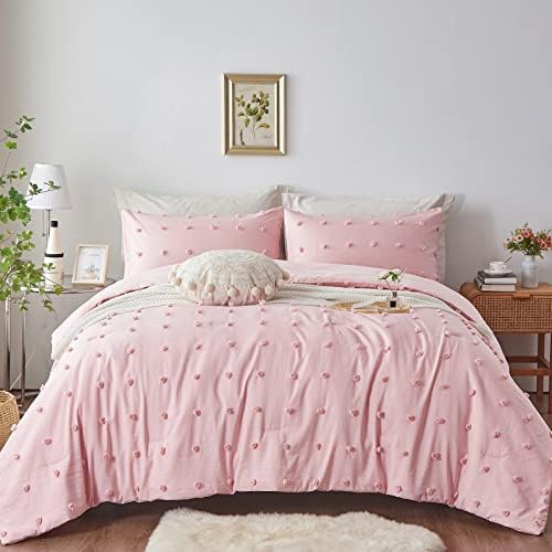 FLYMME Light Pink Comforter Set Queen 3 Pieces, Soft Lightweight Pink Pom Pom Microfiber Bedding Sets for All Season, Boho Shabby Chic Queen Size Comforter Sets for Girls, 90'' x 90''