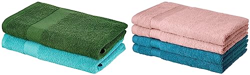 Image of Amazon Brand - Solimo 100% Cotton 2 Piece Bath Towel Set, 380 GSM (Baltic Blue, Mint Green) 100% Cotton 4 Piece Hand Towel Set, 500 GSM (Turquoise Blue and Baby Pink)