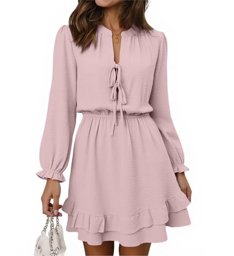 Angashion Women's Self Tie Front Mini Dress: Casual Long Sleeve V Neck Layered Ruffled Hem Vacation Dress with Pockets Pink X-Large
