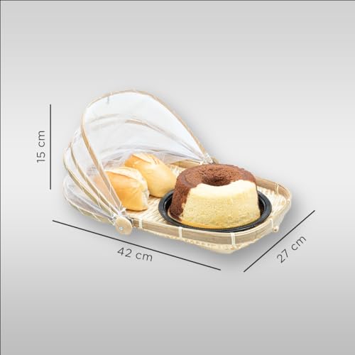 Cesto Porta Pão Bolo Bambu Cobertura Retrátil Retangular Artesanal 42 x 27 x 5cm