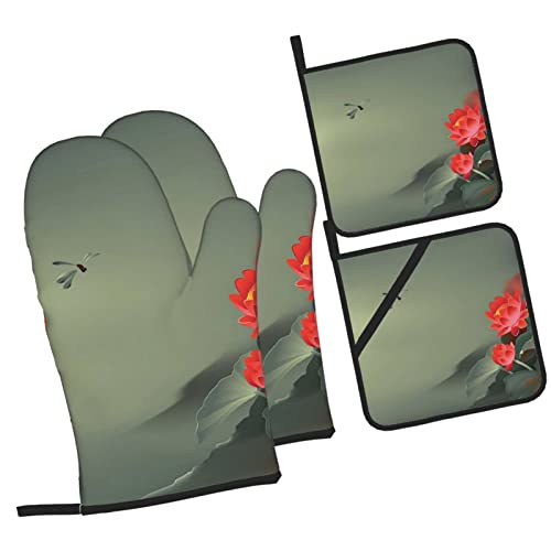 Lotus Flower And Dragonfly Printed Oven Mitts And Pot Holders Heat Resistant Potholders Oven Gloves And Pad For Baking Kitchen Grilling - 4 Set #TOP1
