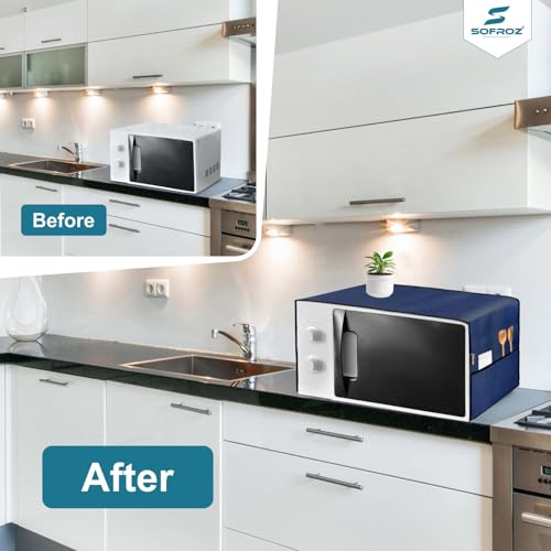 Image of Microwave Oven Cover for Durable, Waterproof and Dustproof Kitchen Protector with 4 Side Storage Pockets for Kitchen Accessories (100 x 35 cm) (Navy Blue)