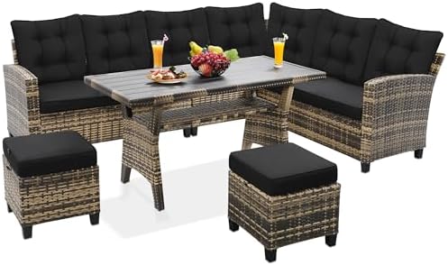 KROFEM 6-Piece Outdoor Patio Furniture Set - Sectional Sofa, Dining Table & Chairs Included, All-Weather Dining Set with Ottoman, Natural Wicker and Black Cushions