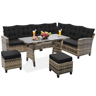 KROFEM 6-Piece Patio Furniture Set, Outdoor Sectional Sofa with Dining Table & Chairs, All-Weather Dining Set with Removable Cushion Covers, Ideal for Garden, Porch, Backyard, Black