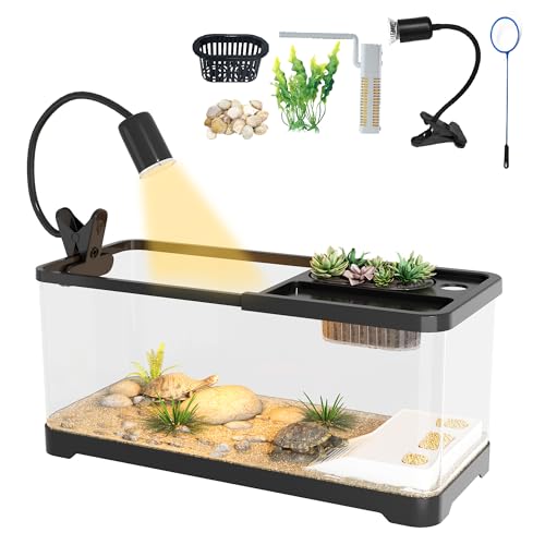 5.3 Gallon Turtle Tank, 9 In 1 Turtle Tank Kit with Climbing Platform, Adjustable Lamp, 3 Modes Filter, Hydropics Basket, Aquarium for Crabs, Fishes, Amphibians, Reptiles Enthusiasts Beginners (Black)