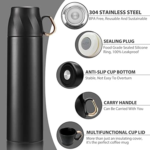 BOCHION Insulated Water Bottle, 500ML Stainless Steel Thermal Flask with Cup Lid, Double Walled Metal Vacuum Drink Flasks to Keep Cold/Hot, for Sports/Home/Office/Travel, BPA Free&Leak-Proof, Black