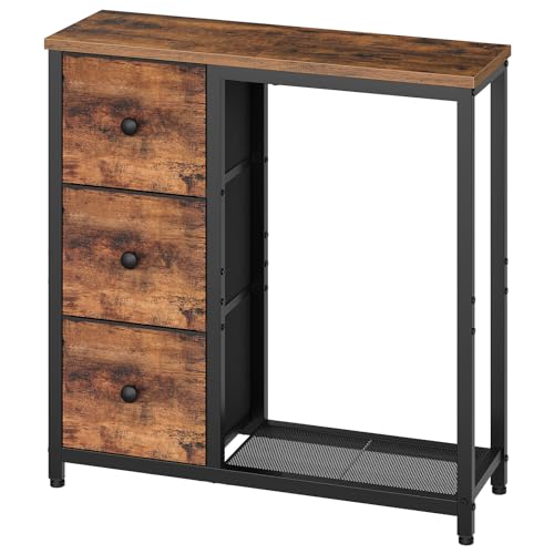 YATINEY Mesa de Consola Estrecha, Mesa de Entrada con 3 Cajones de Tela, con Estantes de 2 Niveles, Estilo Industrial, para el Recibidor, Sala de Estar, Pasillo, Marrón Rústico y Negro XCT13BR