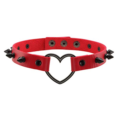 MILAKOO Love Heart Collier en cuir PU rouge Collier ras du cou noir avec rivets noirs Accent à pointes