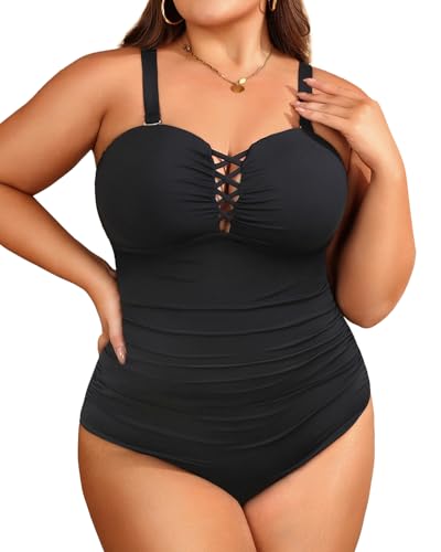 Women Plus Size One Piece Swimsuit - Tummy Control Bathing Suits Ruched Lace up Swimwear Retro Swimsuits 2025