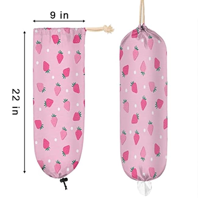 Strawberry Pink Patterns Plastic Bag Holder Cute Wall Mount Plastic Bag Organizer Reusable Large Grocery Bag Storage Dispenser for Home Kitchen Travelling 22x9