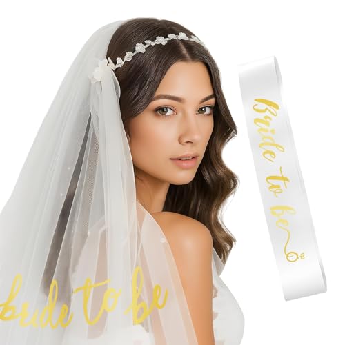 Image of Dagelar Gold Bride to Be Sash Veil for Bachelorette Party Accessories, 2 Pack Bride to Be Decorations Set for Women and Girls, Bridal Shower Decorations, Engagement Gifts for bride