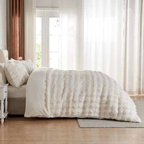 Lotus Karen Fluffy Comforter Cover Set-Rabbit Fluff Faux Fur Duvet Cover Queen Size,Cream White Plush Fuzzy Furry Bedding Sets 3Pieces(1 Duvet Cover & 2 Pillow Shams),Zipper Closure thumb #4
