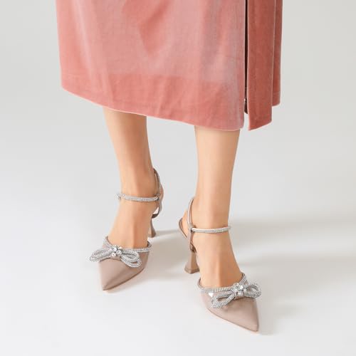 Image of Susanny Women's Closed Toe Rhinstone Wedding Low Heel Slingback Clear Kitten Heels,Adjustable Strap Pointed Toe Bow Pumps High Heeled Prom Dress Shoes