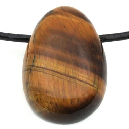 Véritable pendentif en oeil de tigre en forme de goutte avec ruban en coton ciré - Pierre de tambour percée - Fermeture rotative en acier inoxydable