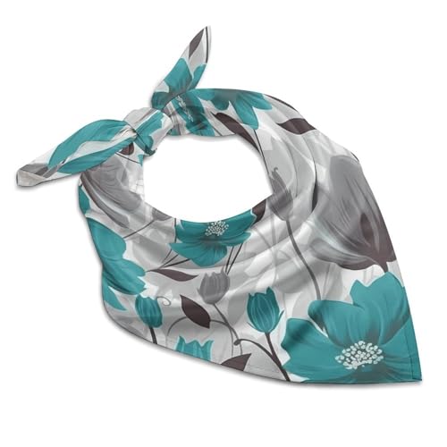 Teal Grey And White Floral 25 Inches Satin Head Scarf Lightweight Silk Hair Scarves Soft Silk Head Scarf for Women Large Satin Bandanas Square Headscarf Fashion Headband Neckerchief Neck Scarves Gift