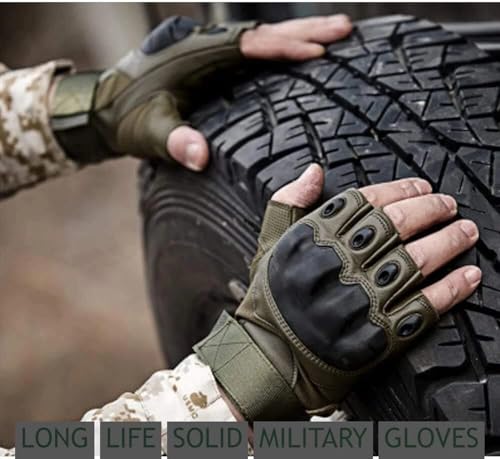 Image of Tactical Riding Gloves for Men - Half-Finger Motorcycle Gloves with Rubber Knuckle Guard, Non-Slip Grip & Palm Padding - Ideal for Bike Riders, Sports, Camping Army Style and Outdoors (Green)