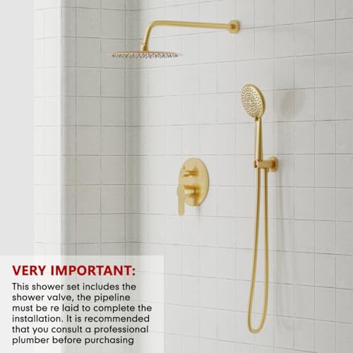 Image of Gabrylly Gold Shower Head System, Shower Faucet Set with Pressure Balance Shower Valve, 10 Inch Shower Heads with 5-Setting handheld Spray Combo, High Pressure Shower Fixtures, Brushed Gold