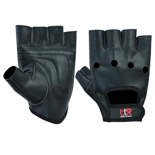 BTR BORN TO RACE Men's Leather Driving Gloves Fingerless Bus Driver Gloves Vegan Pu Leather Half Finger Fashion Classic Gloves (All Black, 2XL)