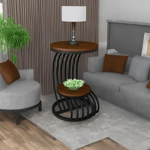 Image of End Table with Decorative Legs, in-Lay Top, Home Decor Accent Furniture -Tier Metal Coffee Table with Open Storage Shelf for Living Room (Black Grey)