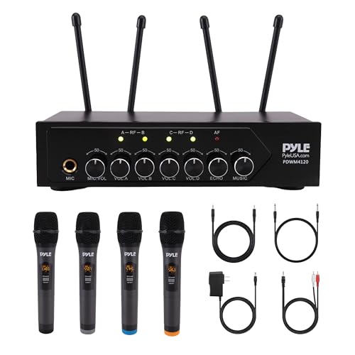 Pyle Wireless Microphones Professional UHF Dual Microphones for Karaoke Wireless Dynamic Microphone System Set with Rechargeable Receiver Plug and Play Speech Wedding Church PA System